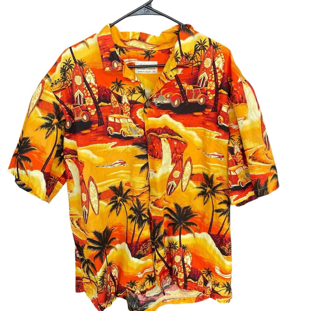 Royal Creations Hawaiian Shirt Men 2X Button Up Cotton Tropical‎ Surf Orange